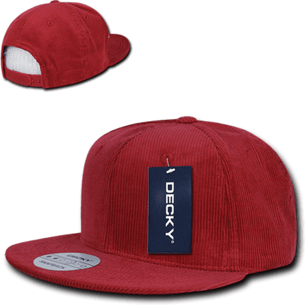 A red corduroy snapback cap with a structured high profile and a label on it, featuring a mesh panel at the back.