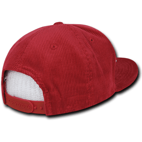 A high-profile structured snapback cap in red, featuring a corduroy texture and a mesh back.