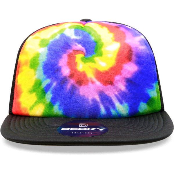 A tie-dye trucker cap featuring vibrant colours like yellow, pink, blue, and purple, with a black brim and logo.
