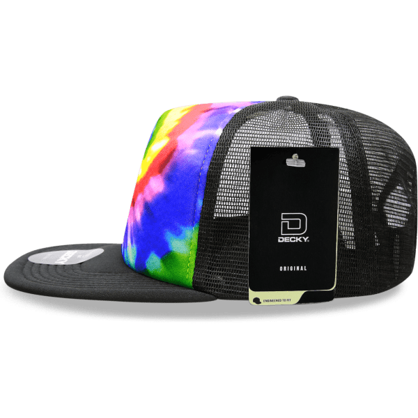 A high-profile structured trucker hat featuring a vibrant tie-dye pattern in multiple colours with a black mesh back.