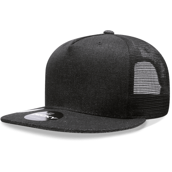 A black five-panel high-profile structured trucker cap with mesh panels and a branded tag on the visor.
