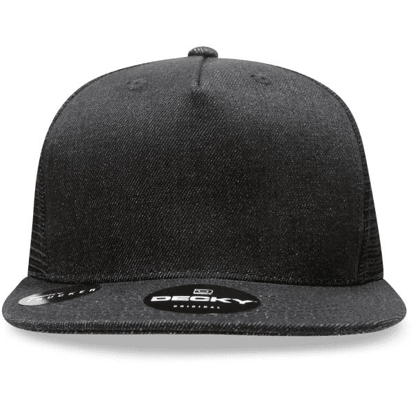 A black structured trucker cap with a flat brim and a mesh back, featuring a logo.