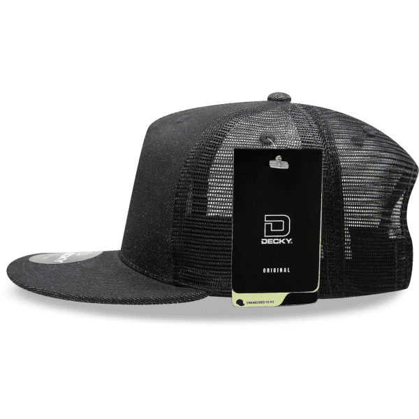 A high-profile structured trucker cap in black with a mesh back and a tag attached.
