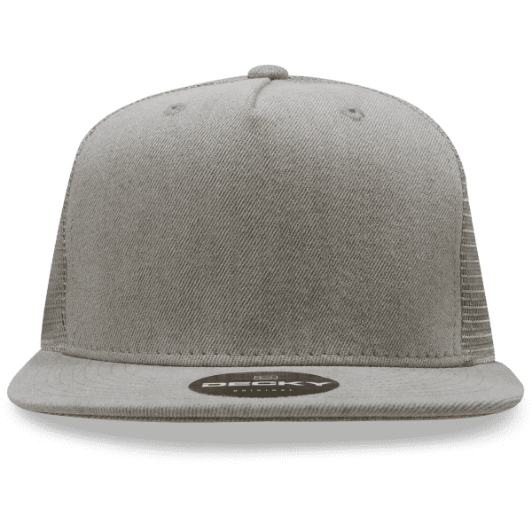 A grey 5 Panel High Profile Structured Trucker cap with a logo on the front and mesh sides.