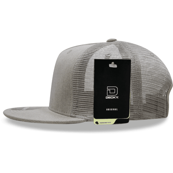 A grey 5 Panel High Profile Structured Trucker cap with a mesh back and a tag attached.