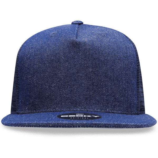 A blue denim 5 Panel High Profile Structured Trucker hat with a mesh back and a logo on the front.