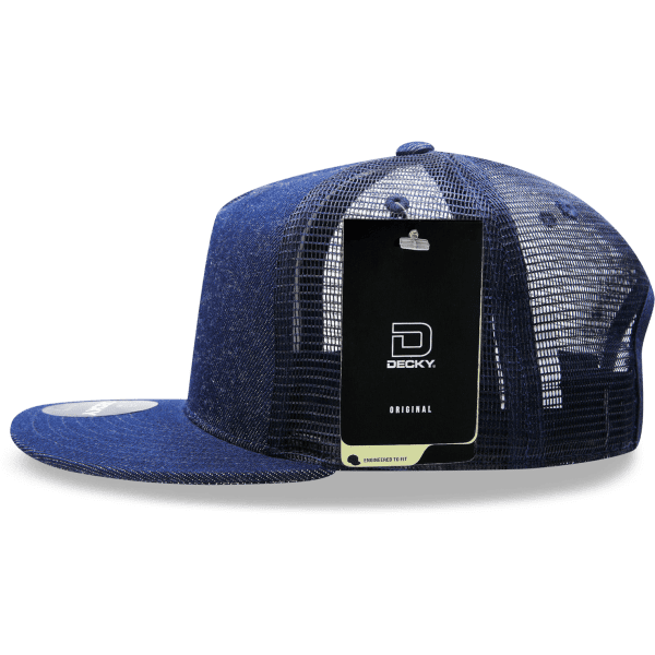 A navy blue 5 Panel High Profile Structured Trucker cap with a mesh back and a logo patch.