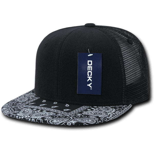 A black high-profile structured trucker hat with a patterned bandanna brim and a mesh back. It has a logo tag.