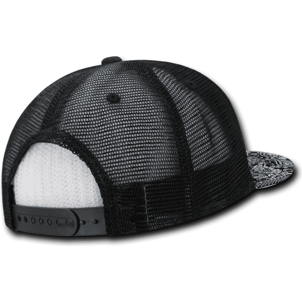A black trucker cap with a structured design and mesh backing, featuring a patterned visor. The cap has a logo.