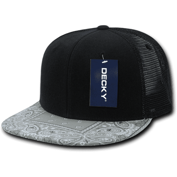 A black trucker cap featuring a patterned grey bill and a mesh back, with a tag attached.