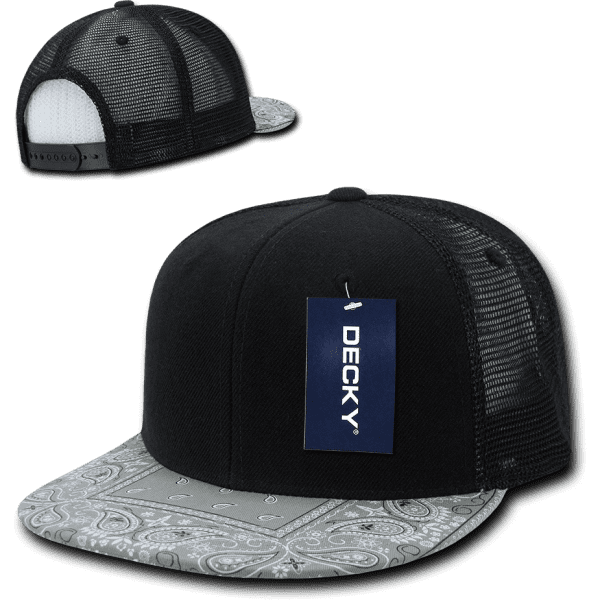 A black trucker cap with a patterned grey peak, featuring a mesh back and a logo tag.