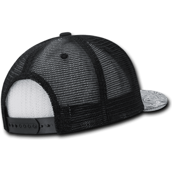 A black high-profile structured trucker cap featuring a mesh back and a patterned visor, with an adjustable strap.