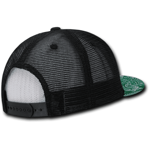 A black trucker cap with a structured high profile, featuring a green patterned brim and a mesh back.