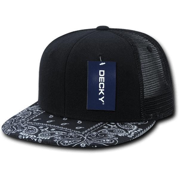 A black trucker cap with a decorative bandanna-patterned brim and a mesh back. It features a logo tag.