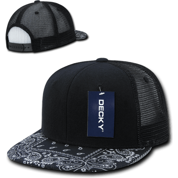 A black high-profile trucker cap with a patterned peak and mesh sides. Features a logo and a tag.