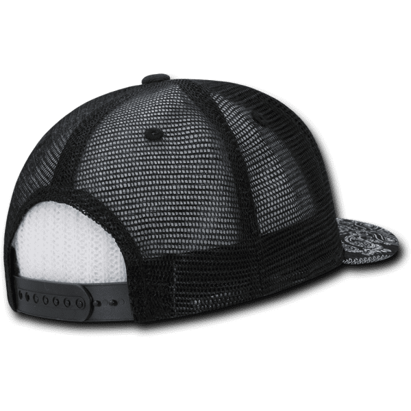 A black and white 6 Panel High Profile Structured Bandanna Trucker cap with a mesh back and a logo.