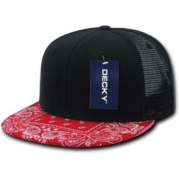 A black trucker cap featuring a red bandanna-patterned bill and a mesh back, with a tag attached.