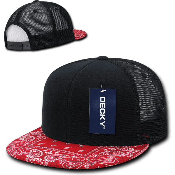 A high-profile structured trucker cap featuring a black mesh body and a red bandanna-patterned brim. It has a logo tag.