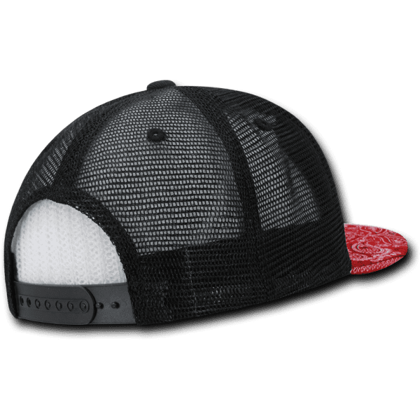 A black and red high-profile structured trucker cap with a mesh back and a logo on the side.