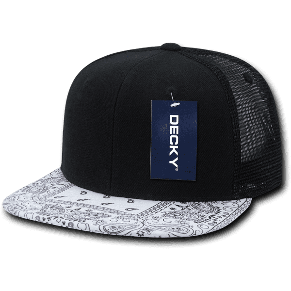 A black trucker cap with a patterned white bill and a mesh back. It features a brand tag.
