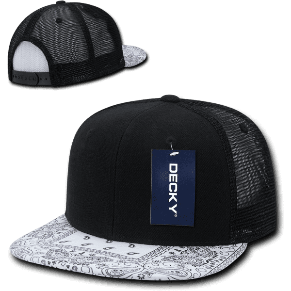 A black high-profile trucker cap with a patterned white brim and a mesh back, featuring a tag and logo.