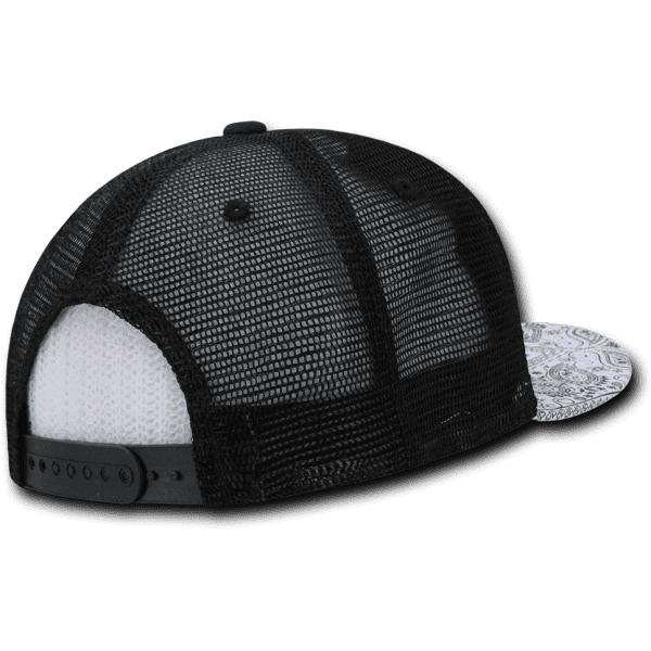 A black and white 6 Panel High Profile Structured Bandanna Trucker cap with a mesh back and a patterned visor.