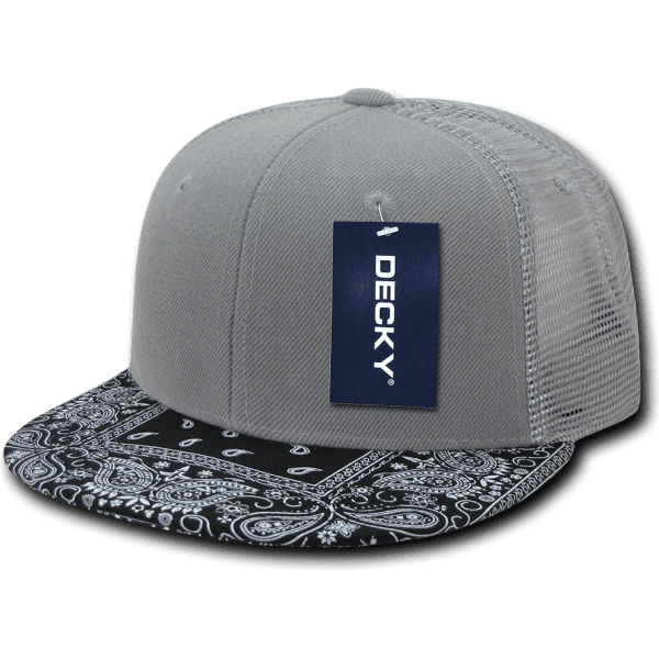 A grey trucker cap with a black bandanna-patterned brim and a mesh back. It has a tag attached.
