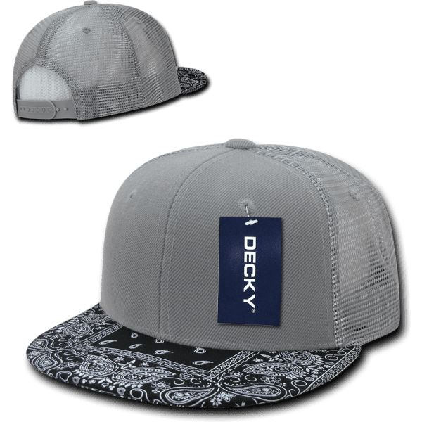 A grey trucker cap with a structured design and a patterned black bandanna brim. It has a logo and tag attached.