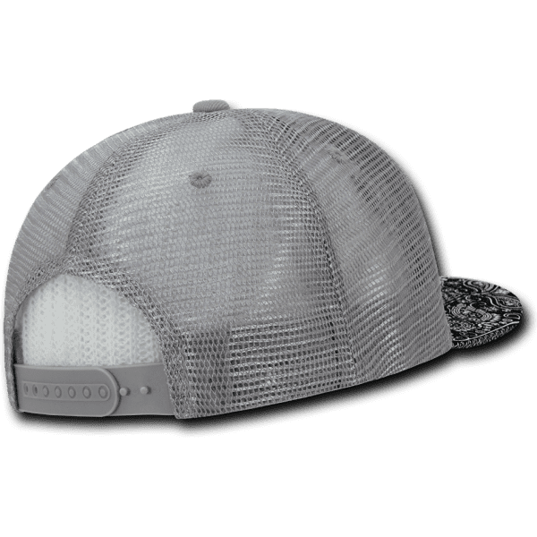 A grey and black structured trucker hat featuring a mesh back and a decorative patterned brim, with a logo present.