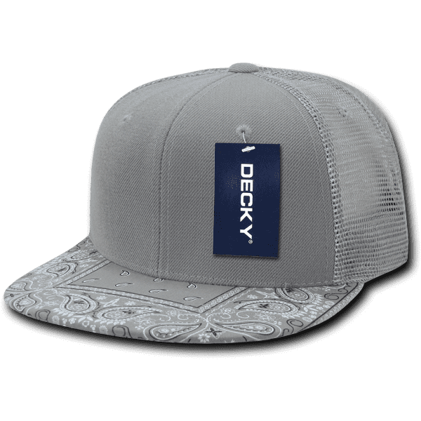 A grey trucker cap with a paisley-patterned bill and a mesh back, featuring a brand tag.