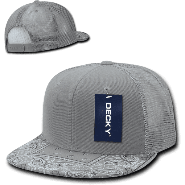 A grey high-profile structured trucker cap with a patterned brim and a mesh back, featuring a logo.