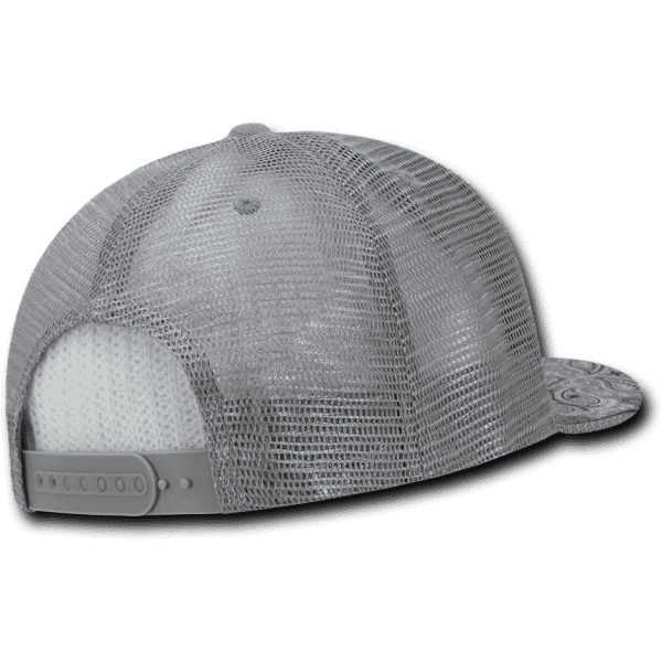 A grey 6 panel high profile structured bandanna trucker cap featuring a mesh back and a logo.