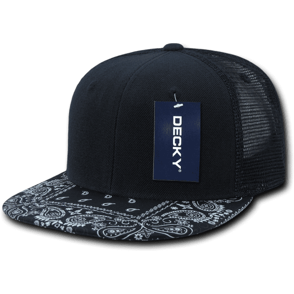 A black trucker cap featuring a bandanna-patterned brim and mesh back, with a logo tag attached.