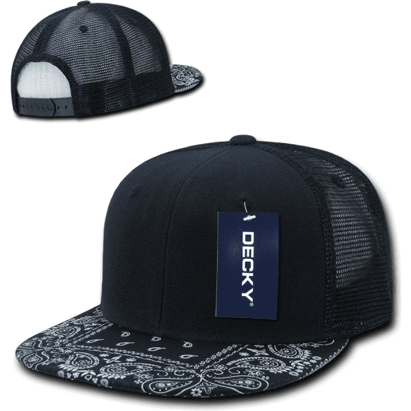 A black high-profile structured trucker cap with a patterned bandanna brim and mesh back. Includes a branded tag.