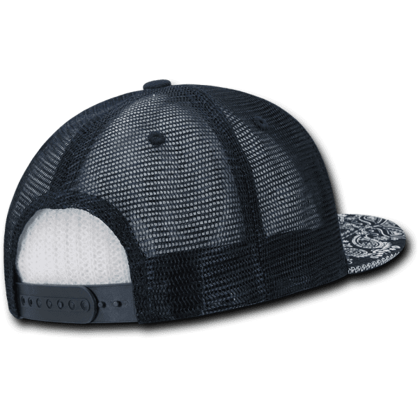 A black and white patterned trucker cap featuring a high-profile structured design and mesh back. It includes a logo.
