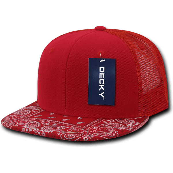 A red trucker cap with a bandanna-patterned brim and mesh back, featuring a logo tag.
