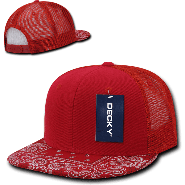 A red 6-panel high profile structured bandanna trucker cap with a mesh back and branded tag.