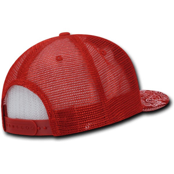 A red high-profile structured trucker cap with a mesh back and patterned brim, featuring a logo.