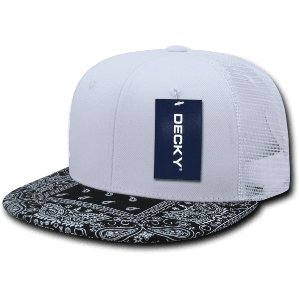 A white trucker cap with a black bandanna print on the brim and a logo tag attached.