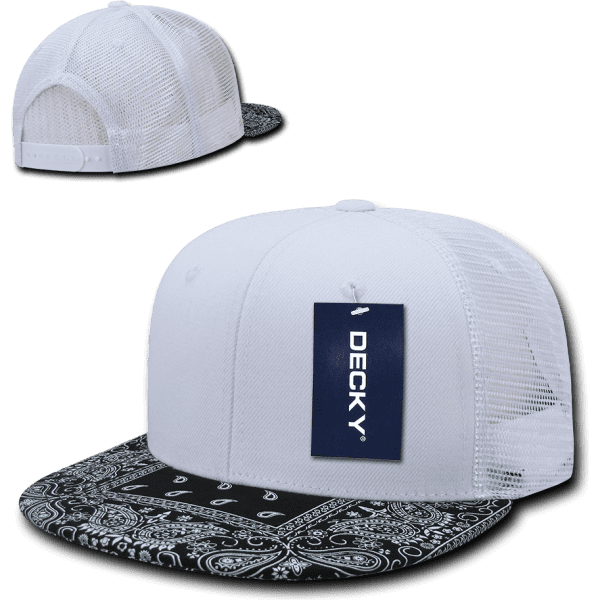 A high-profile structured bandanna trucker cap with a white mesh back and a black patterned brim. It features a logo.