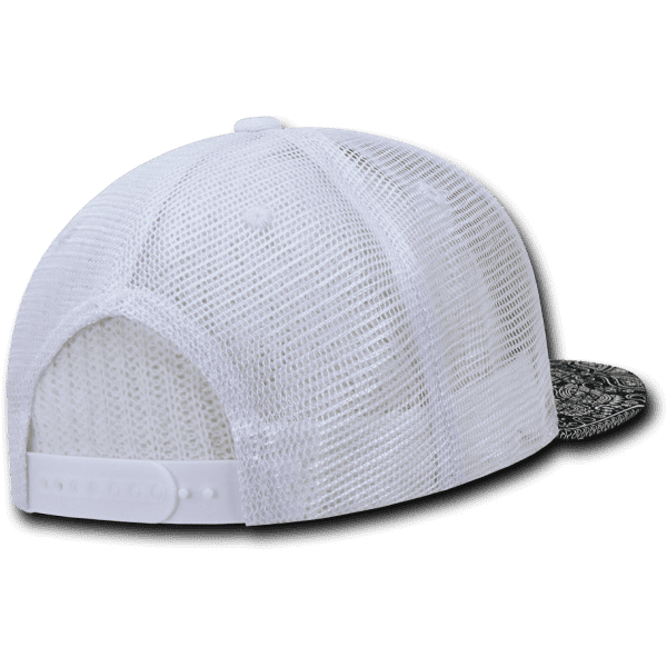 A high-profile structured bandanna trucker cap featuring a white mesh back and a patterned black brim.