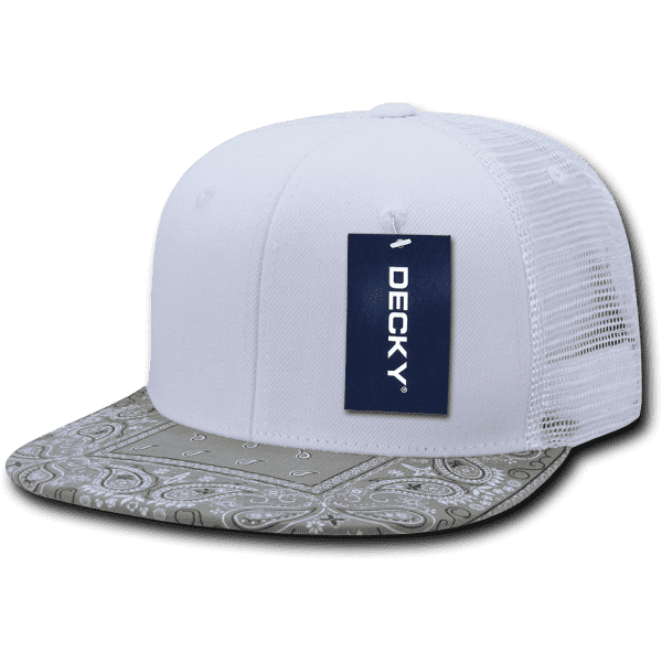 A white trucker cap featuring a grey paisley design on the bill and a mesh back. It has a branded tag attached.