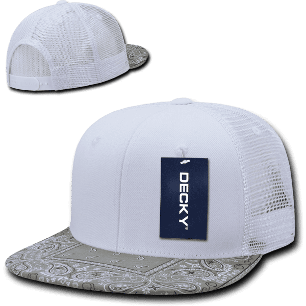 A white high-profile structured trucker cap with a patterned grey brim and a mesh back, featuring a logo.