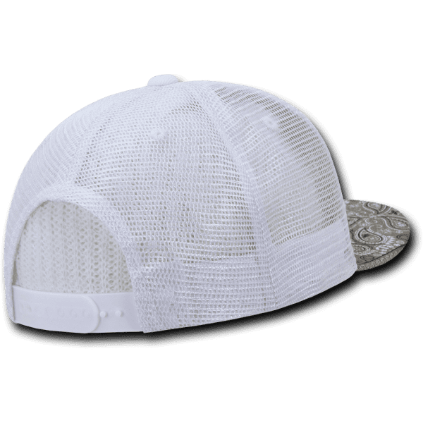 A high-profile structured trucker cap in white with a patterned front. The cap features a mesh back and has a logo.