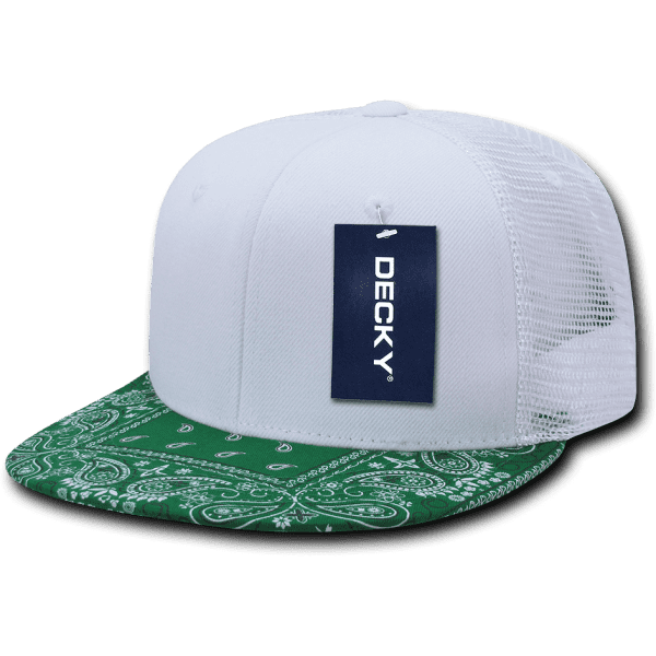 A white trucker cap featuring a green bandanna patterned brim and a mesh back, with a tag attached.