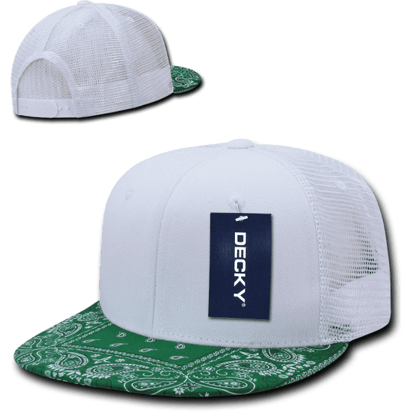 A white trucker cap with a green bandanna-patterned brim and mesh back, featuring a logo tag.