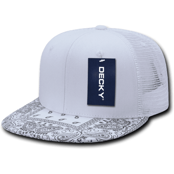 A white trucker cap with a patterned bandanna bill and a branding tag attached.
