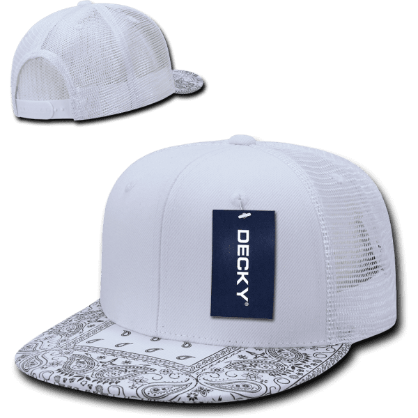 A white 6 panel high profile structured trucker cap with a patterned brim and a logo tag.
