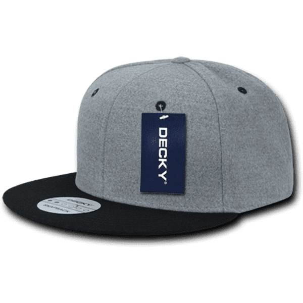 A structured snapback cap in grey melton fabric with a black brim and a logo on the front.