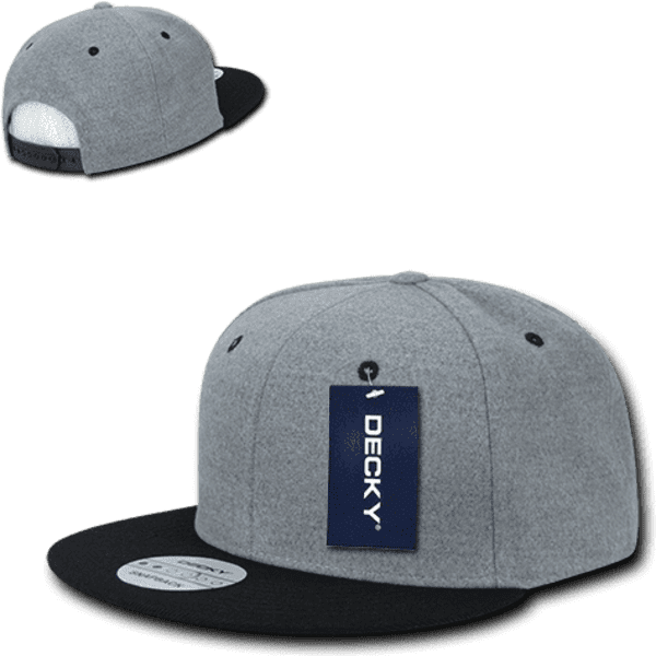 A grey and black snapback cap with a structured high profile and a logo on the front.